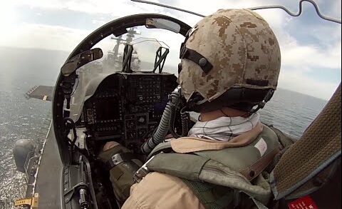 Cool Footage of AV-8B Harrier Cockpit View : Take-Off + Vertical Landing on Aircraft Carrier