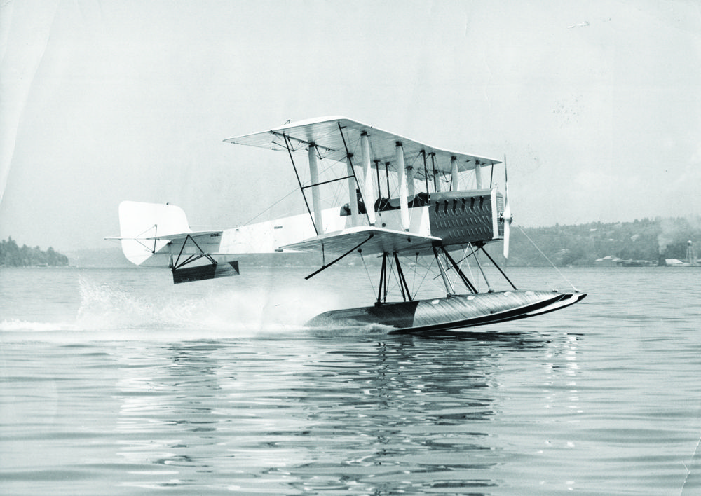 July 1966:  A 1916 seaplane bi-plane, the first model to be produced by the Boeing aircraft company is seen here flying again at Seattle Washington. It has a top speed of 78 mph and a range of 120 miles.  (Photo by Keystone/Getty Images)